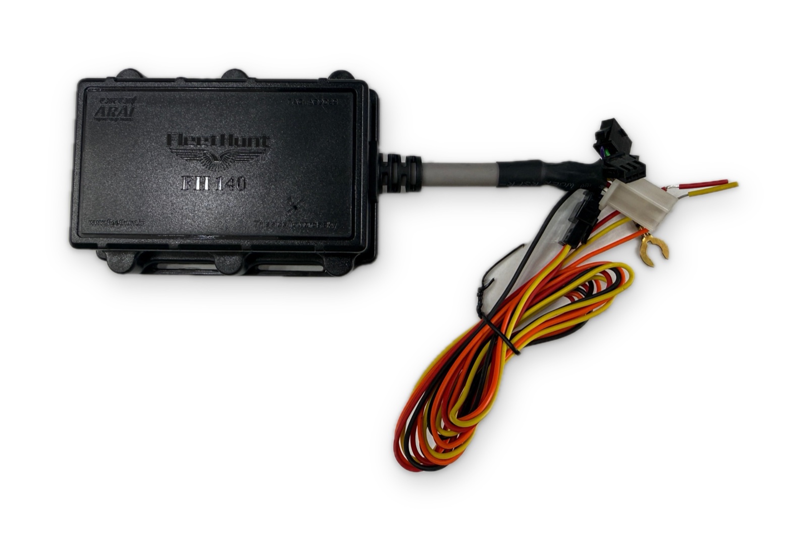 FleetHunt FH-140 AIS-140 vehicle location tracking device with its wiring harness